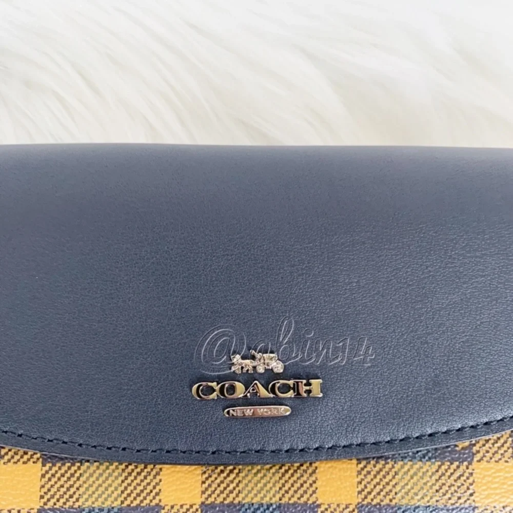NWT Coach Leather Canvas Envelope Wallet with Gingham Print Blue Yellow - Picture 7 of 9